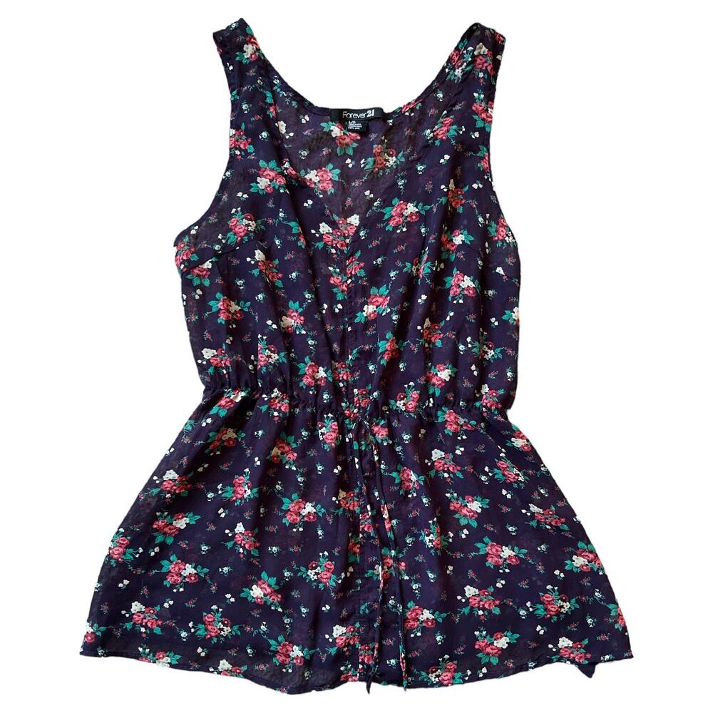 Forever 21 Purple Floral Print V Neck Semi Sheer Top, L